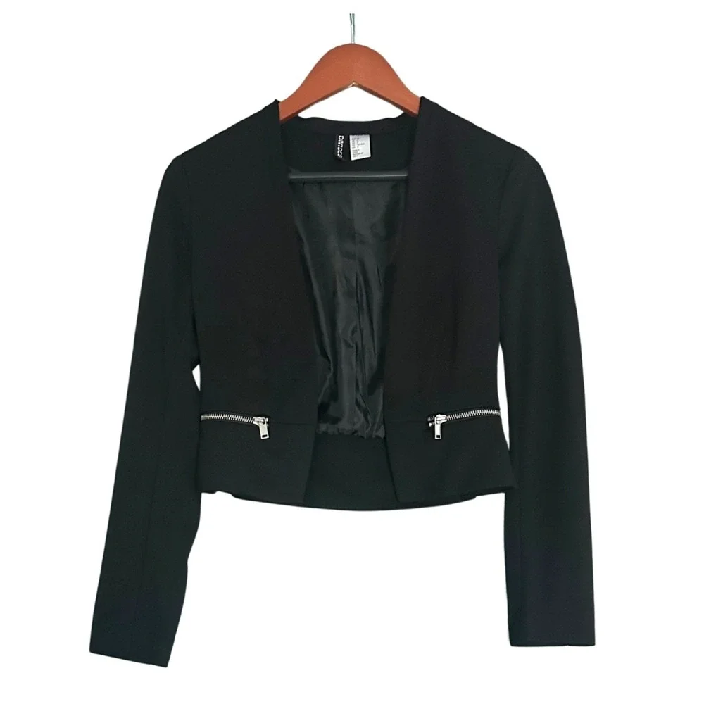 H&M Divided Cropped Blazer Jacket Womens Size 4 Black Open Front Zipper